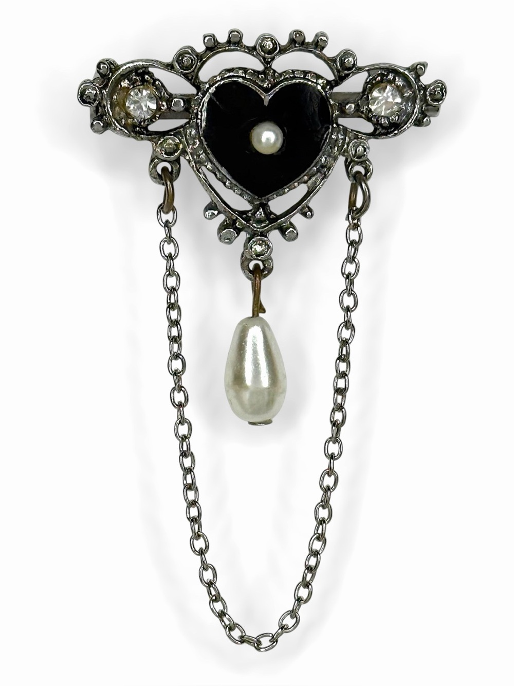 Vintage Signed Florenza Victorian Revival Mourning Heart Brooch Black Enamel